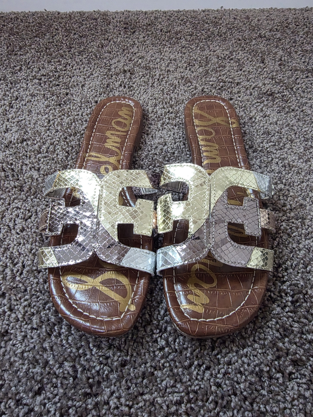 Sam Edelman Two-Tone Metallic Snake Slide Sandals in Gold and Silver